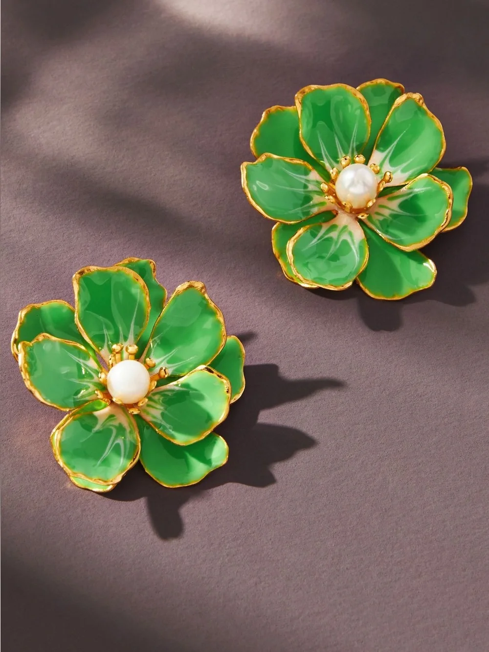 Anthropologie Pink Reef Handpainted Earrings New Green Flowers Pearl
